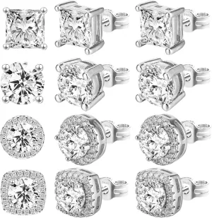 4 Pairs Cubic Zirconia Earrings Studs, Ymapinc Small Square Earrings for Men Woman,Anti Sensitive in Square, Round, Teardrop Shapes