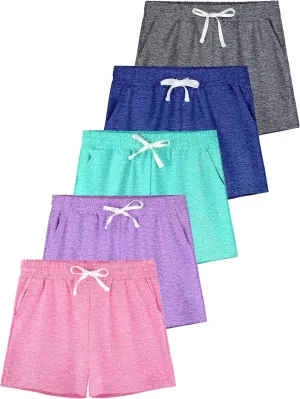5 Pack Girls Athletic Shorts Girls Soccer Running Performance Active Dry-Fit Sports Basketball Shorts with Drawstring Pocket