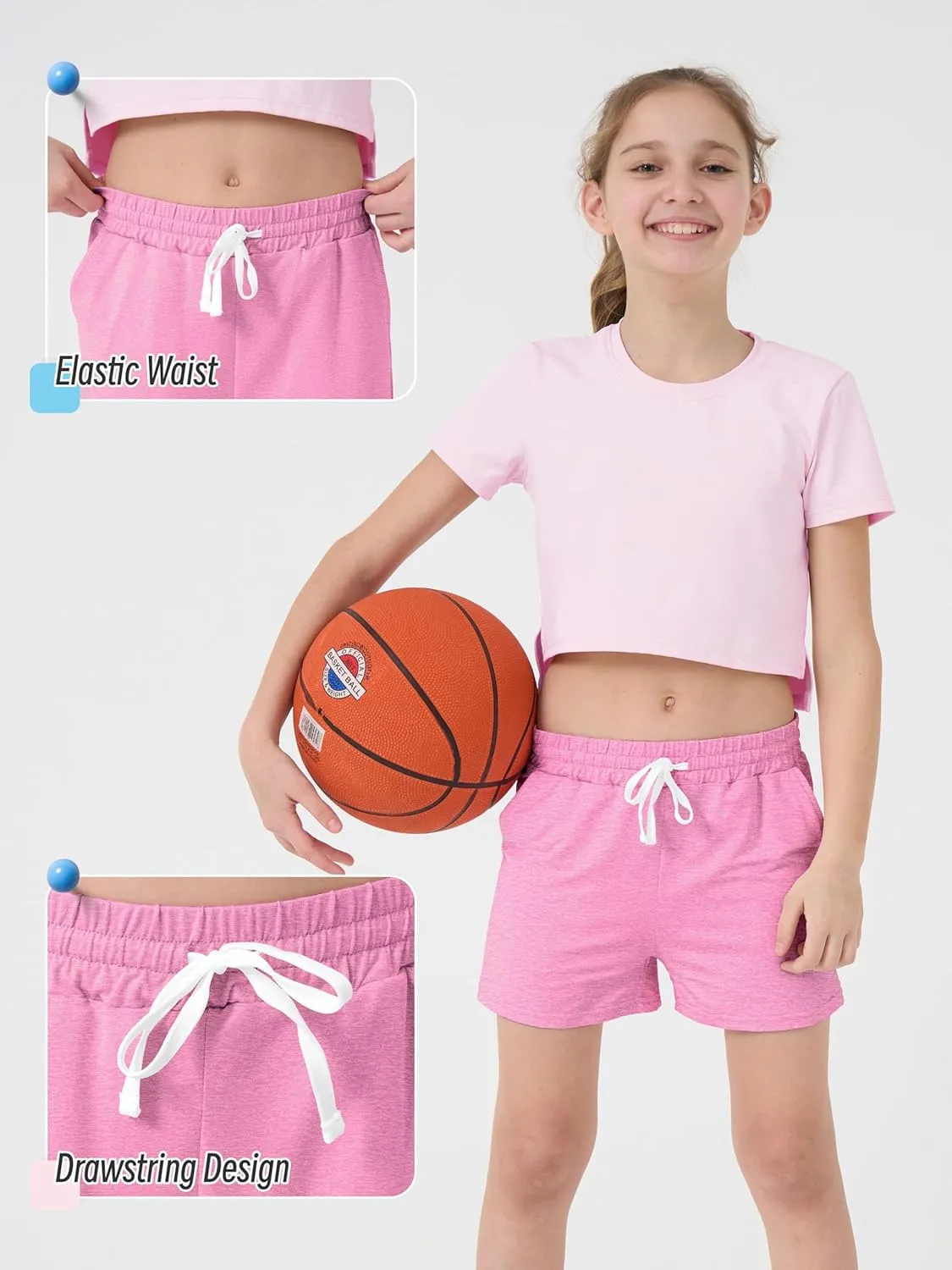 5 Pack Girls Athletic Shorts Girls Soccer Running Performance Active Dry-Fit Sports Basketball Shorts with Drawstring Pocket
