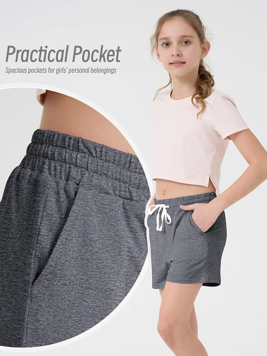 5 Pack Girls Athletic Shorts Girls Soccer Running Performance Active Dry-Fit Sports Basketball Shorts with Drawstring Pocket