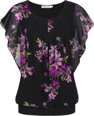 BAISHENGGT Womens Summer Tops Flutter Short Sleeve Pleated Front Mesh Shirts Dressy Casual Blouses