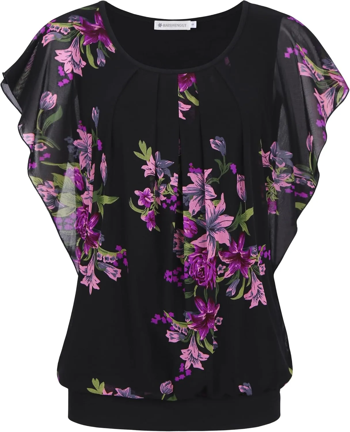 BAISHENGGT Womens Summer Tops Flutter Short Sleeve Pleated Front Mesh Shirts Dressy Casual Blouses