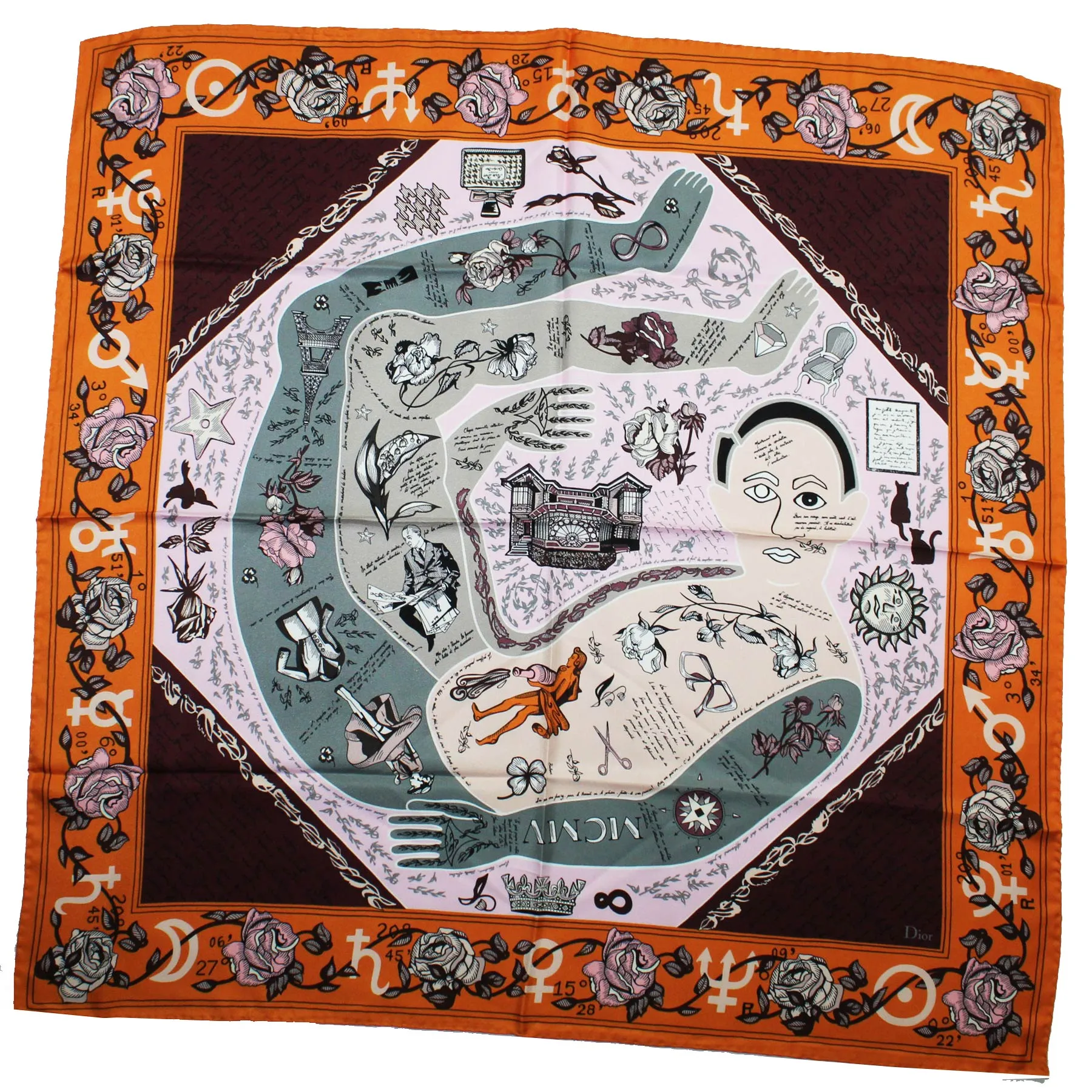Dior Scarf Orange Roses & Novelty - Twill Silk Square Foulard SALE