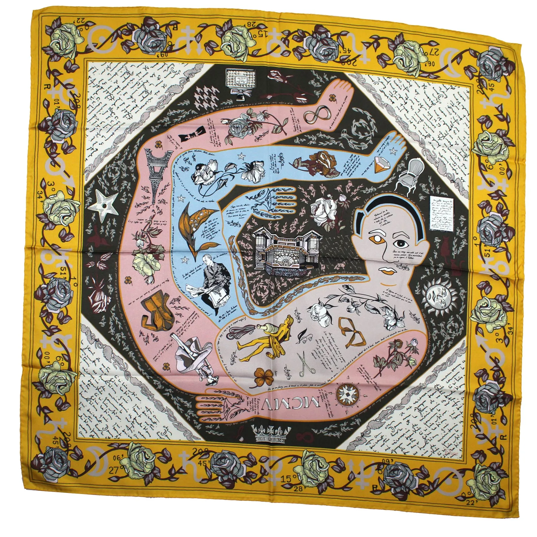Dior Scarf Yellow Roses & Novelty - Twill Silk Square Foulard FINAL SALE