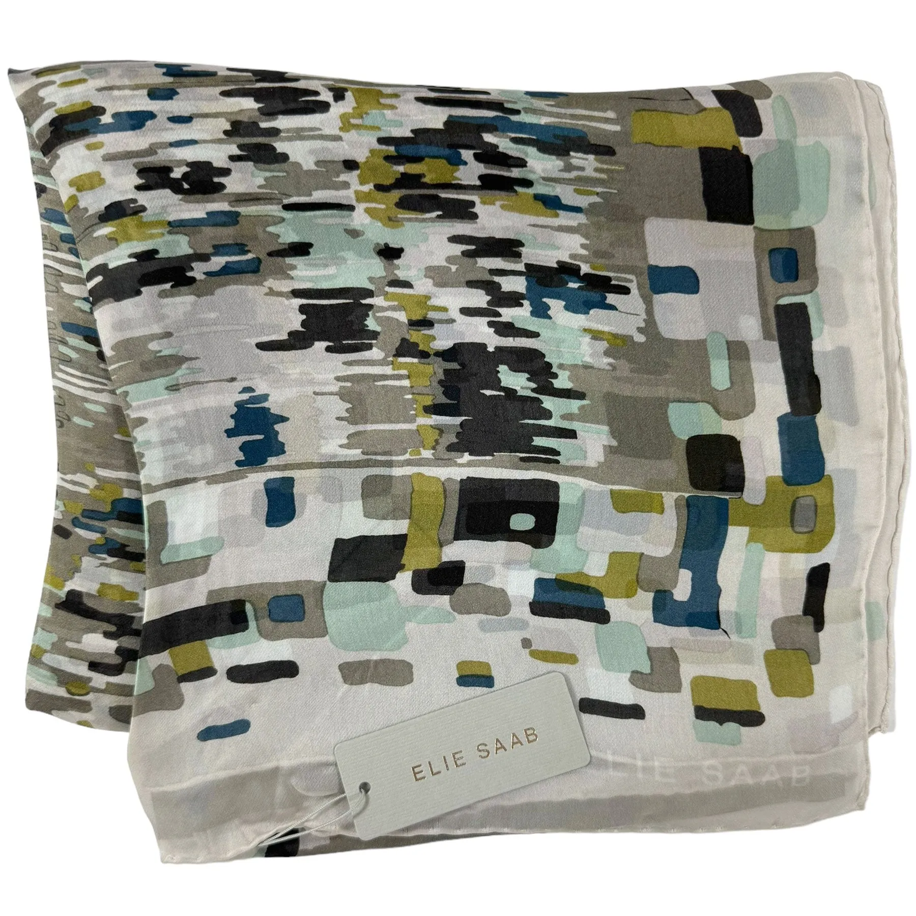 Elie Saab Scarf Gray Olive Dark Blue Design - Chiffon Silk Designer Shawl SALE