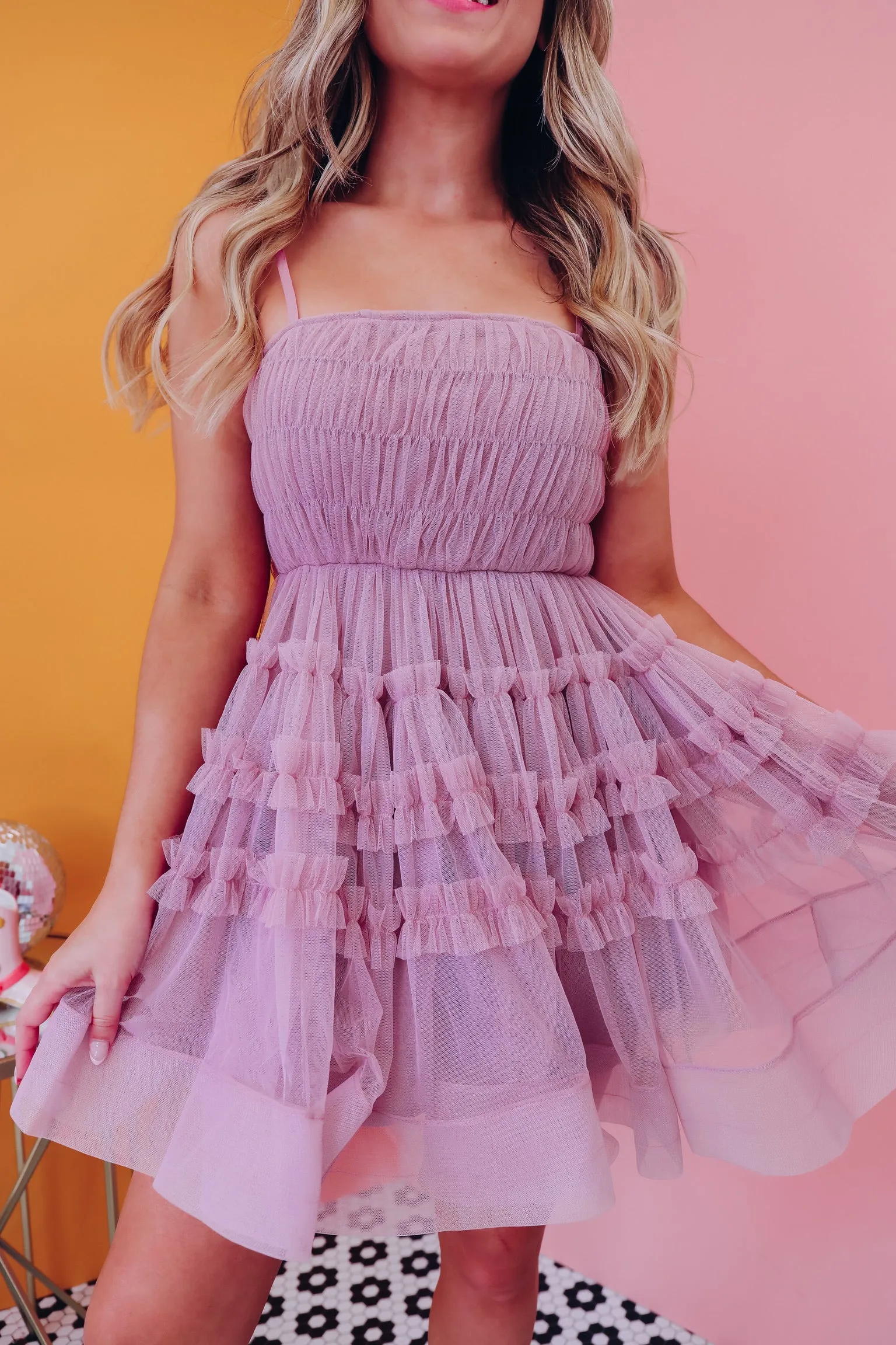 Fancy Frills Mesh Mini Dress - Dusty Lavender
