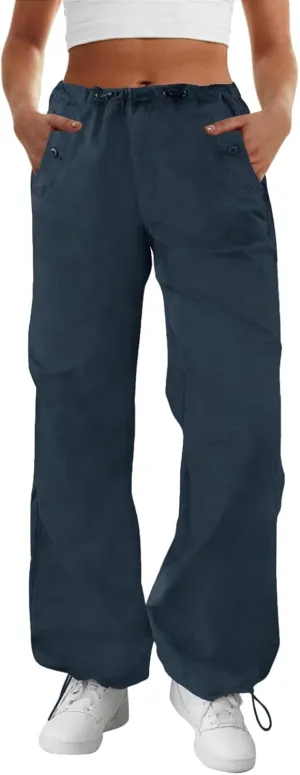 FireSwan Women's Parachute Pants Baggy Cargo Pants Wide Leg Y2K Pants with 4 Pockets Outdoor Travel Casual Hiking