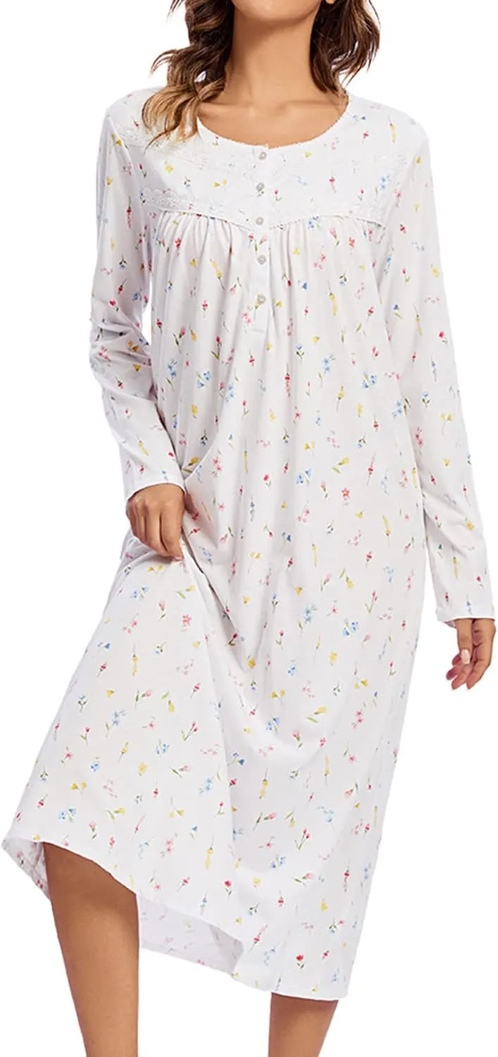 FMIRREO Long Cotton Nightgown Women's Long Sleeve Sleepwear Pleated Floral House Dress Soft Comfy Night Dress for Ladies