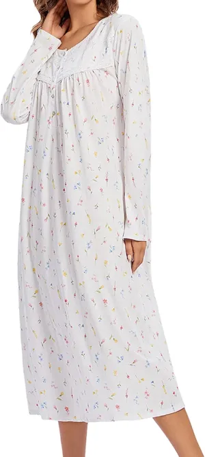FMIRREO Long Cotton Nightgown Women's Long Sleeve Sleepwear Pleated Floral House Dress Soft Comfy Night Dress for Ladies