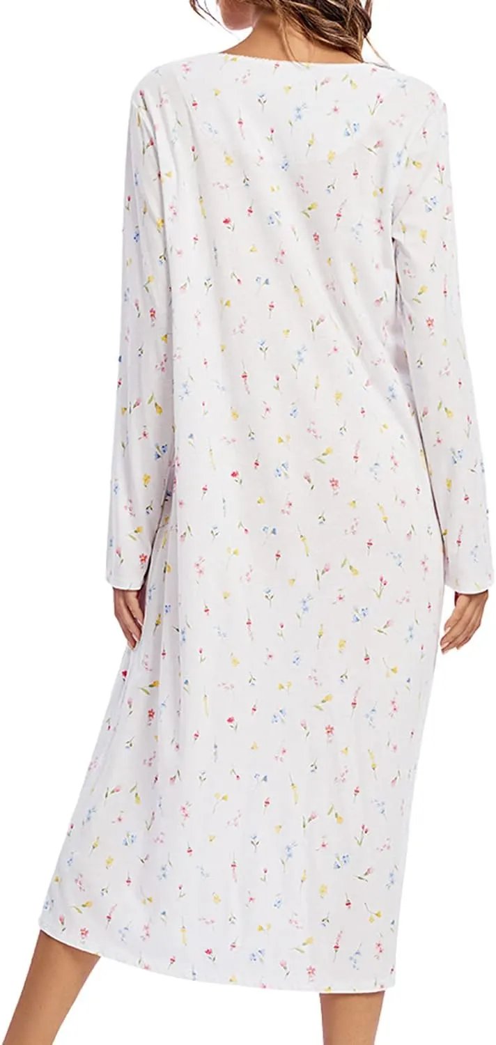 FMIRREO Long Cotton Nightgown Women's Long Sleeve Sleepwear Pleated Floral House Dress Soft Comfy Night Dress for Ladies