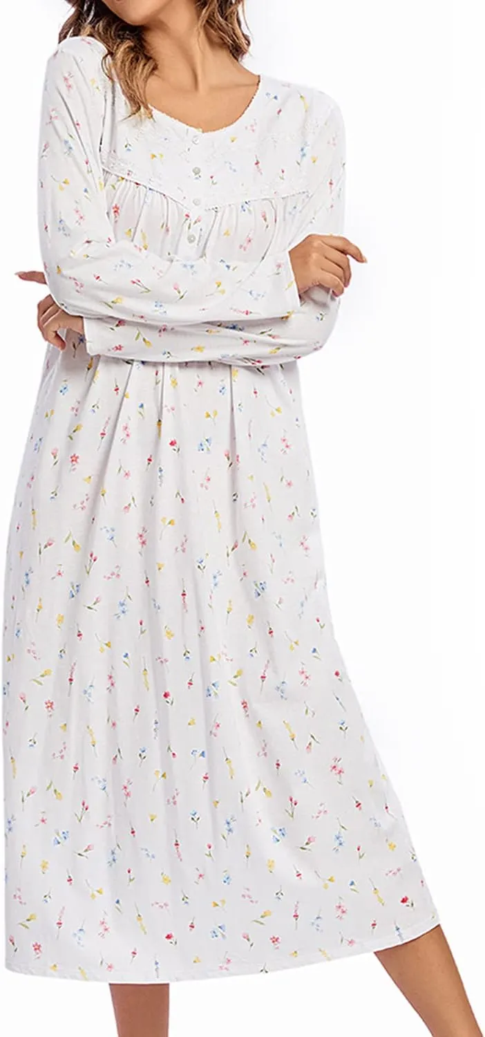 FMIRREO Long Cotton Nightgown Women's Long Sleeve Sleepwear Pleated Floral House Dress Soft Comfy Night Dress for Ladies