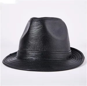 Genuine Leather Fedoras Hat Men Brown Vintage Jazz Caps Classic Male Autumn Winter Retro Trilby Hat Gentleman Fedora (Color : Black, Size : XXL (59-60 cm))