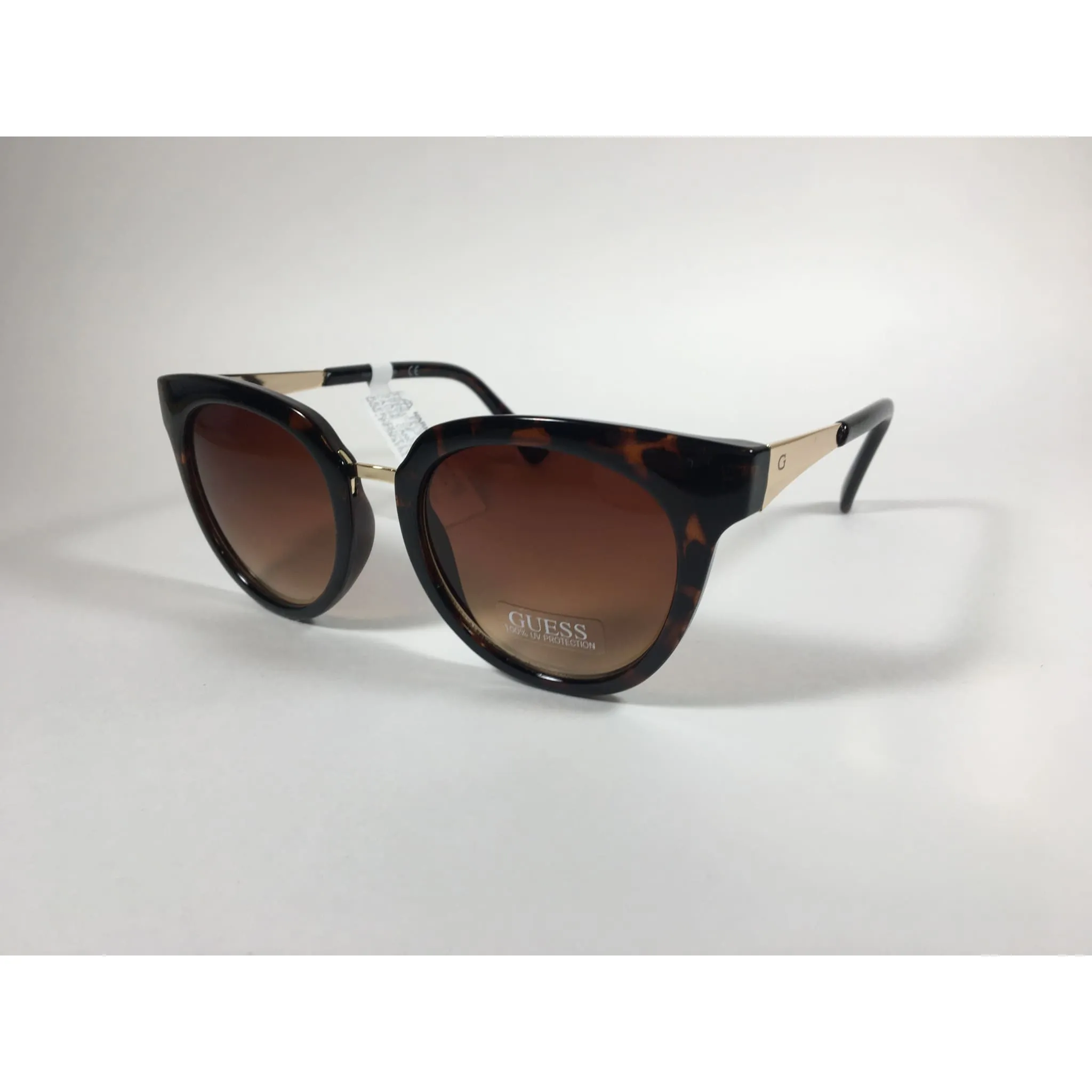 Guess Round Cat Eye Sunglasses Gold Dark Brown Tortoise Brown Gradient Lens GF0309 52F
