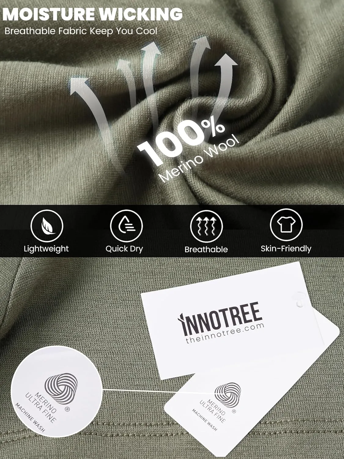 innotree Merino Wool T Shirts for Men - 100% Organic Odor Resistance Merino Wool Undershirt Hiking Travel Base Layer T-Shirt