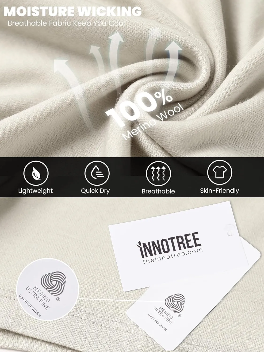 innotree Merino Wool T Shirts for Men - 100% Organic Odor Resistance Merino Wool Undershirt Hiking Travel Base Layer T-Shirt