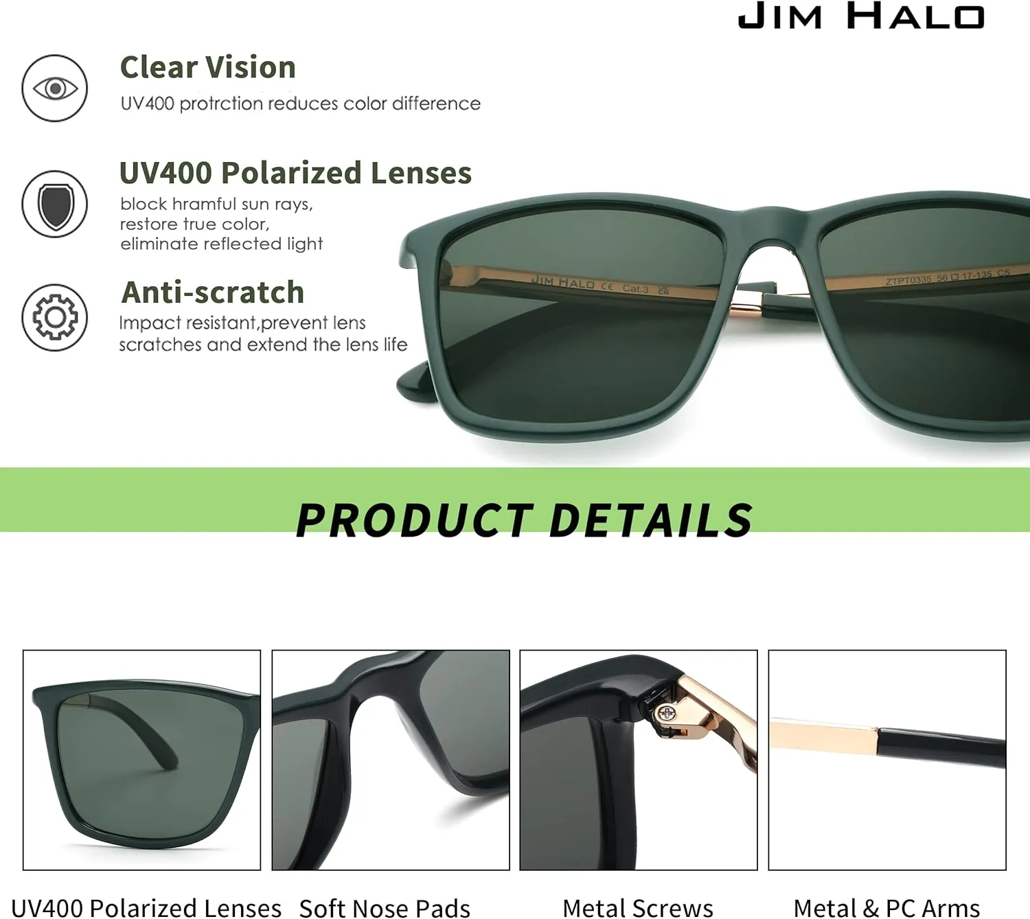 JIM HALO Polarized Driving Sunglasses Retro Square UV protection Classic Sun Glasses Men