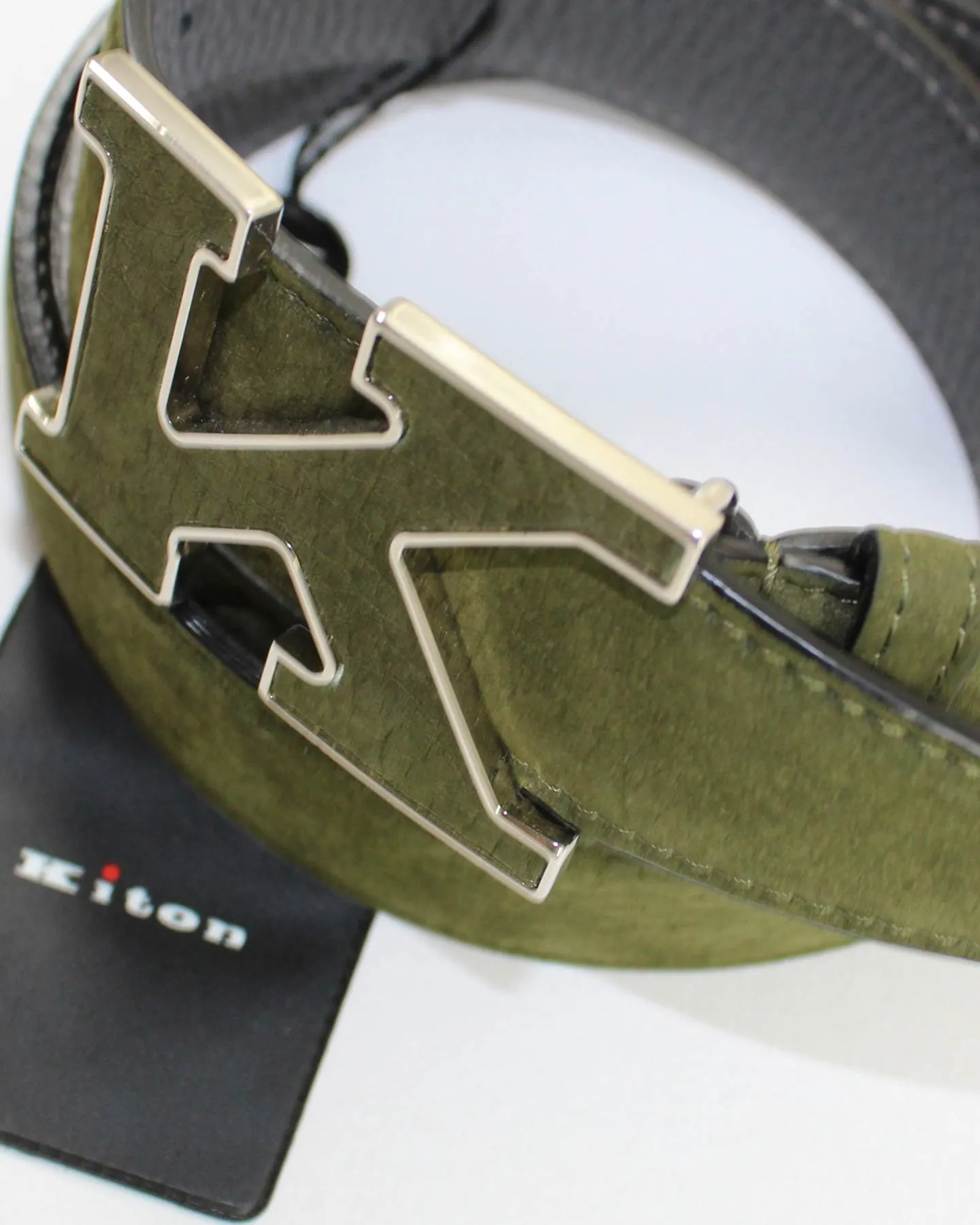 Kiton Belt Forest Green Suede Leather K Buckle  SALE