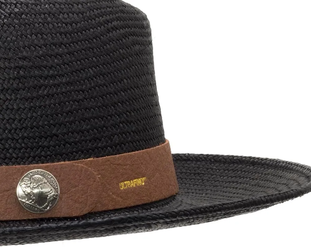 Lancaster Black Fedora Panama Hat with Pineapple Vegan Leather Hatband