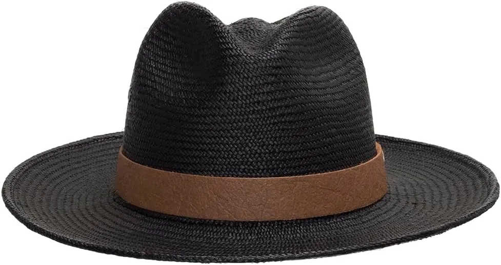 Lancaster Black Fedora Panama Hat with Pineapple Vegan Leather Hatband