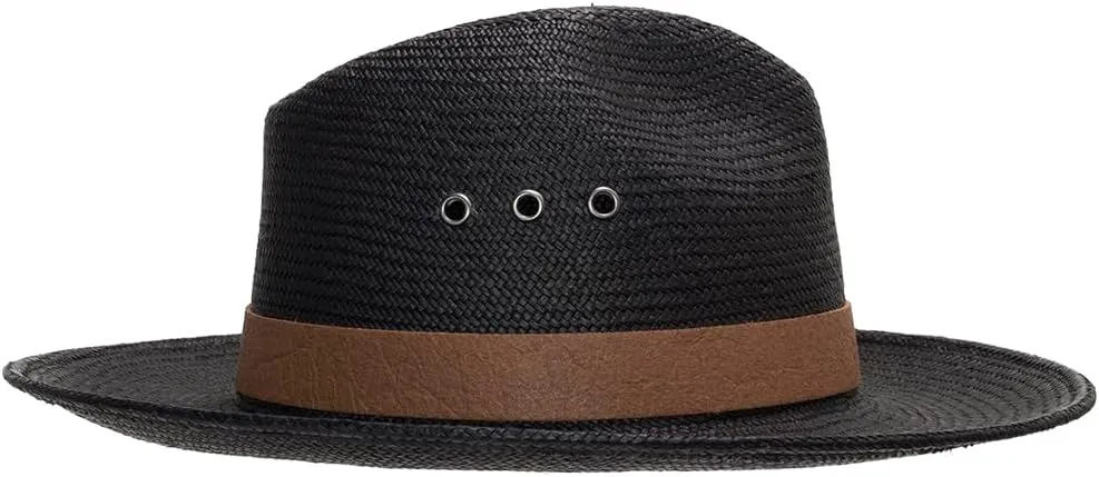 Lancaster Black Fedora Panama Hat with Pineapple Vegan Leather Hatband