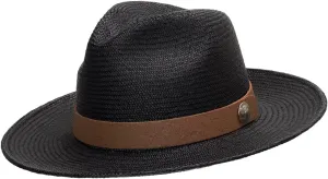 Lancaster Black Fedora Panama Hat with Pineapple Vegan Leather Hatband