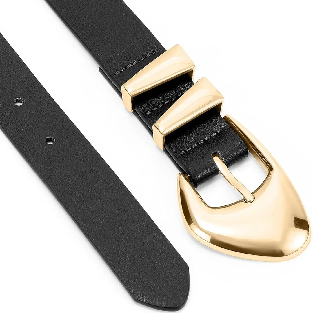 Leather Belt Classic Waist Belt with Gold Buckle