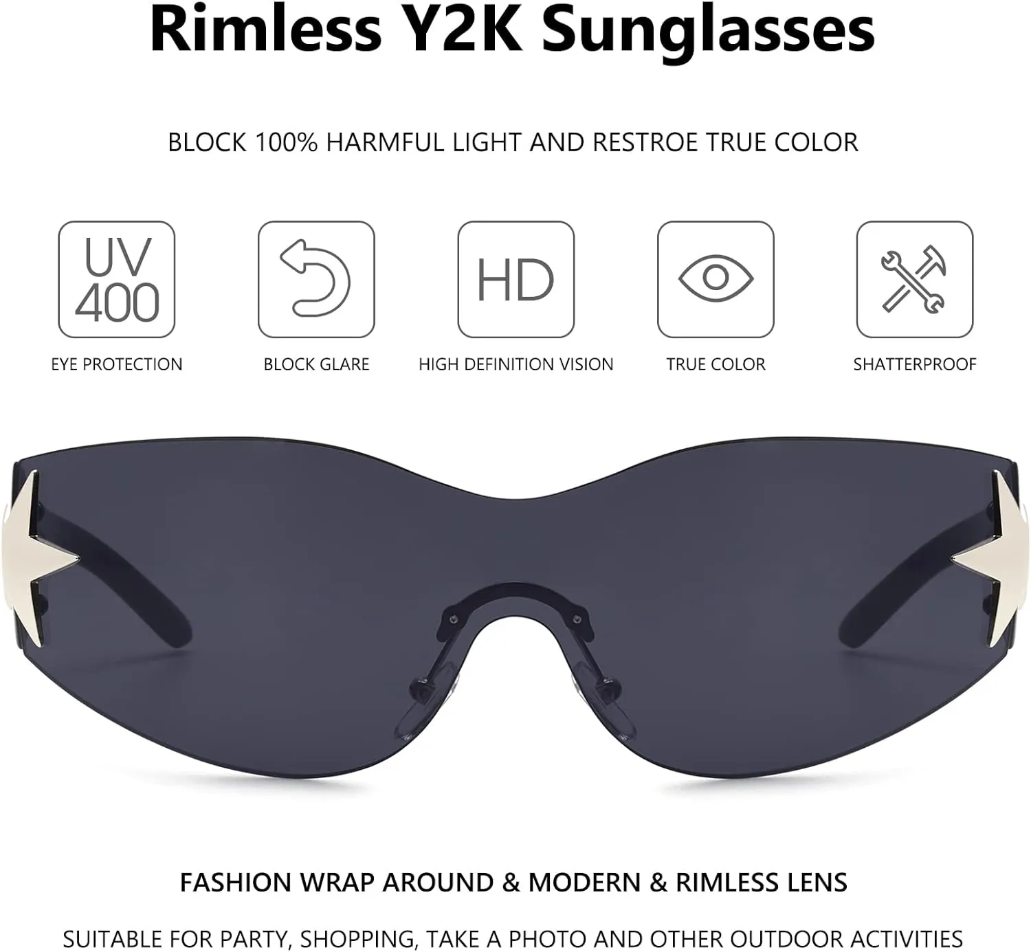 LIKSMU Rimless Y2K Sunglasses for Women Men Wrap Around Fashion Sunglasses Oversized Frameless Trendy Sun Glasses