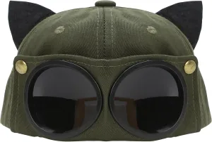 Marsrut Retro Aviator Hat: Peaked Cat Ears Baseball Cap with Sunglasses On The Back | Hip Hop Mask Style - Pilot Attached Goggles for Men & Women Adults (Green)