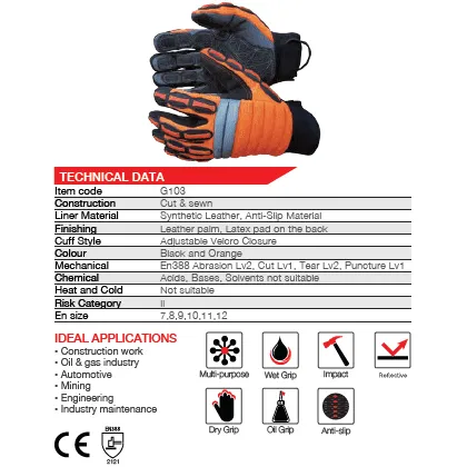 Maxmac Miner anti-slip leather palm impact resistant gloves Cut-Lv1