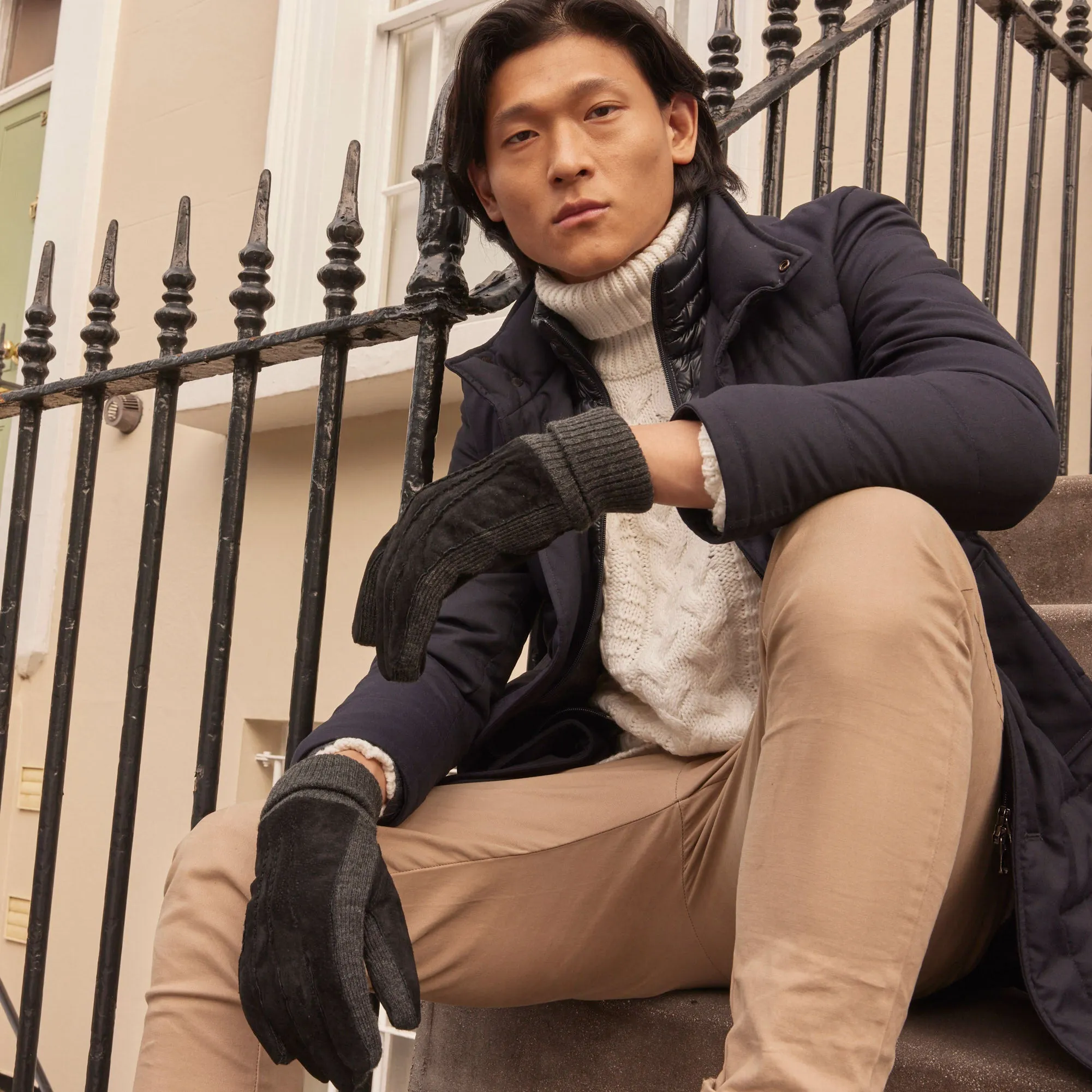 Men's Three-Point Fleece-Lined Suede Gloves with Knitted Cuffs