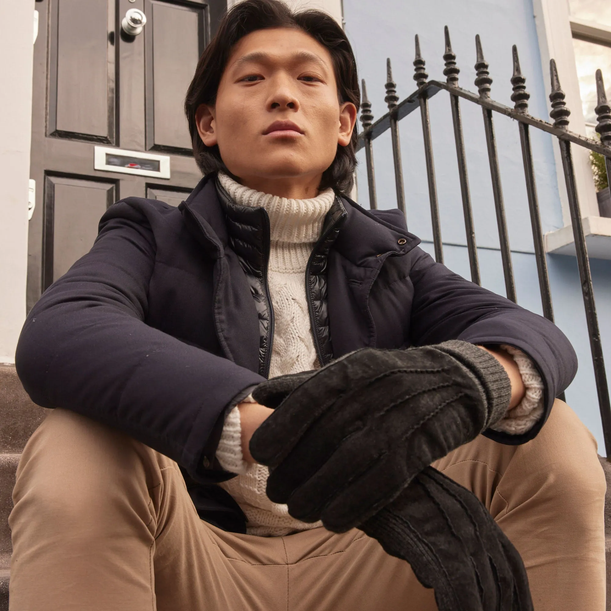 Men's Three-Point Fleece-Lined Suede Gloves with Knitted Cuffs