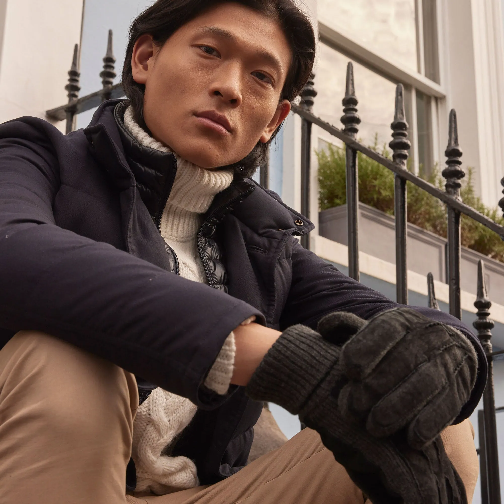Men's Three-Point Fleece-Lined Suede Gloves with Knitted Cuffs