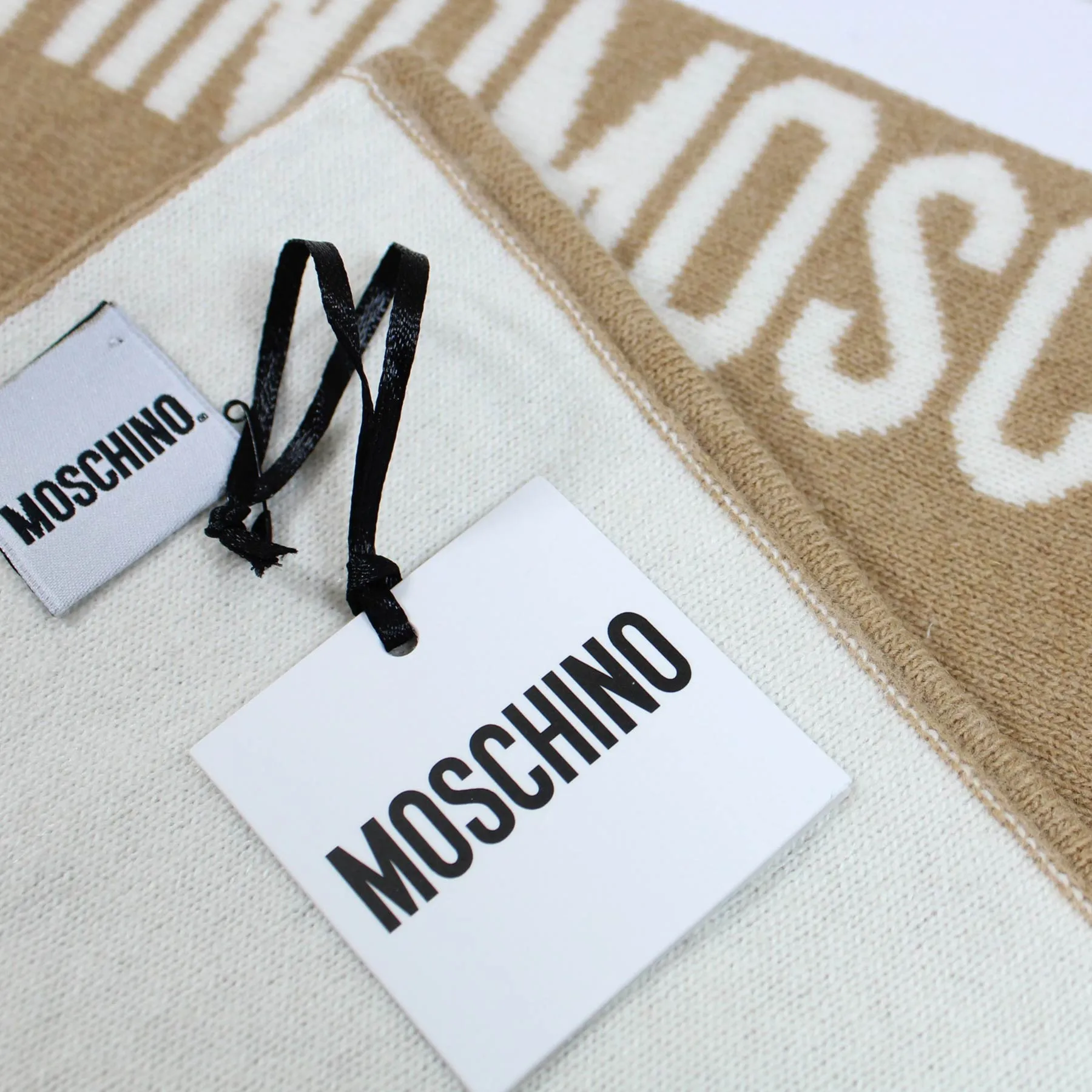 Moschino Wool Scarf Beige White Logo Text - FINAL SALE