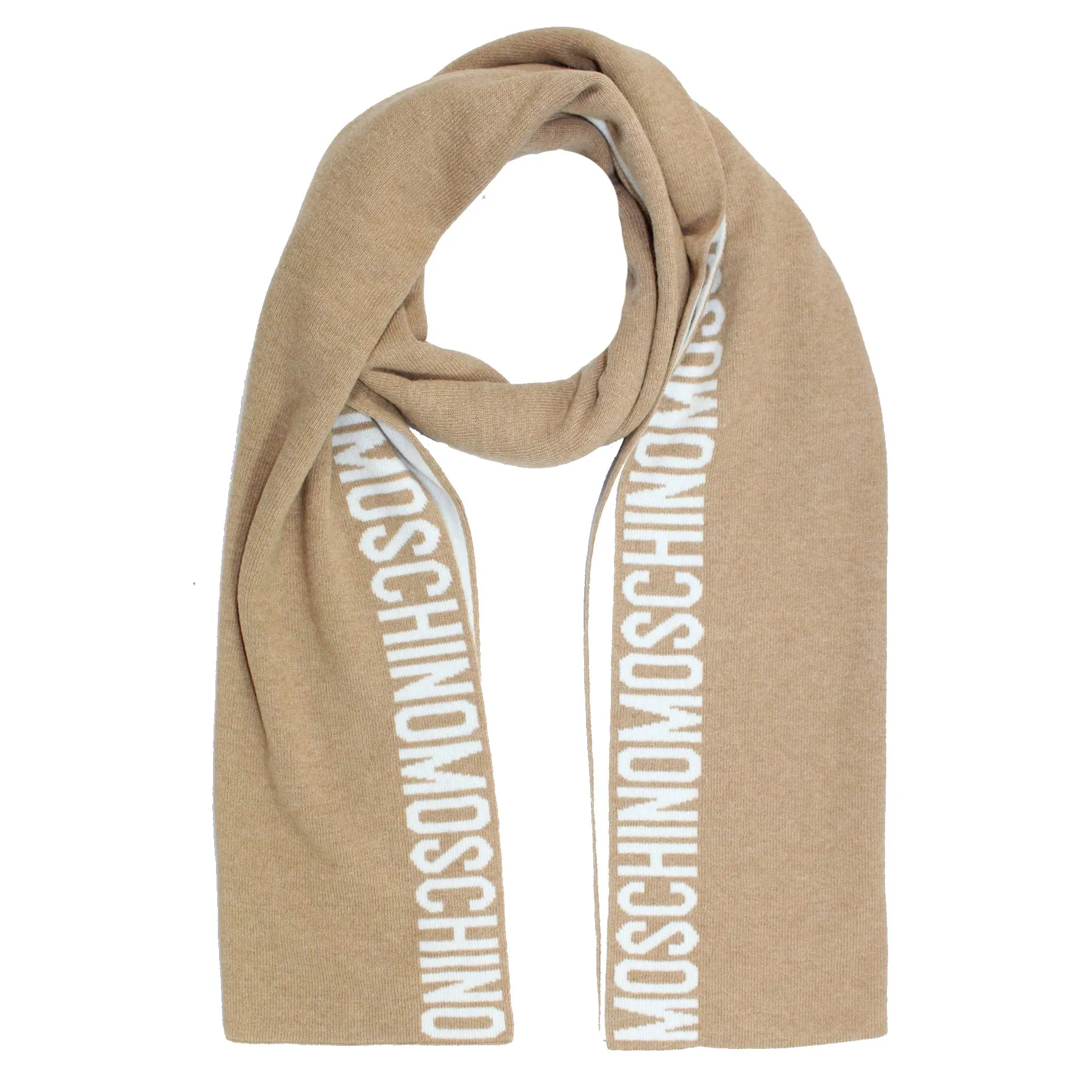 Moschino Wool Scarf Beige White Logo Text - FINAL SALE