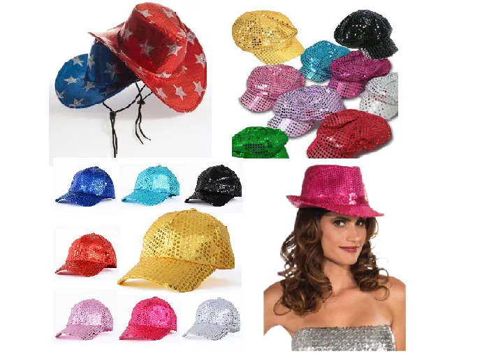 Pack of 10: New Year's Party Hats - Sequin Fedora, Cowboy, Newsboy, Cap Styles - Ships Next Day!
