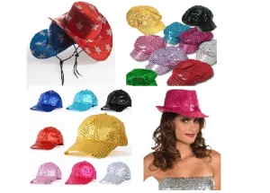 Pack of 10: New Year's Party Hats - Sequin Fedora, Cowboy, Newsboy, Cap Styles - Ships Next Day!
