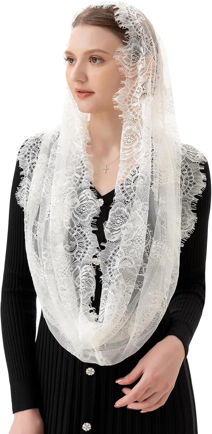 PAMOR Spanish Style Lace Traditional Vintage Inspired Infinity Shape Mantilla Veil Latin Mass Head Covering