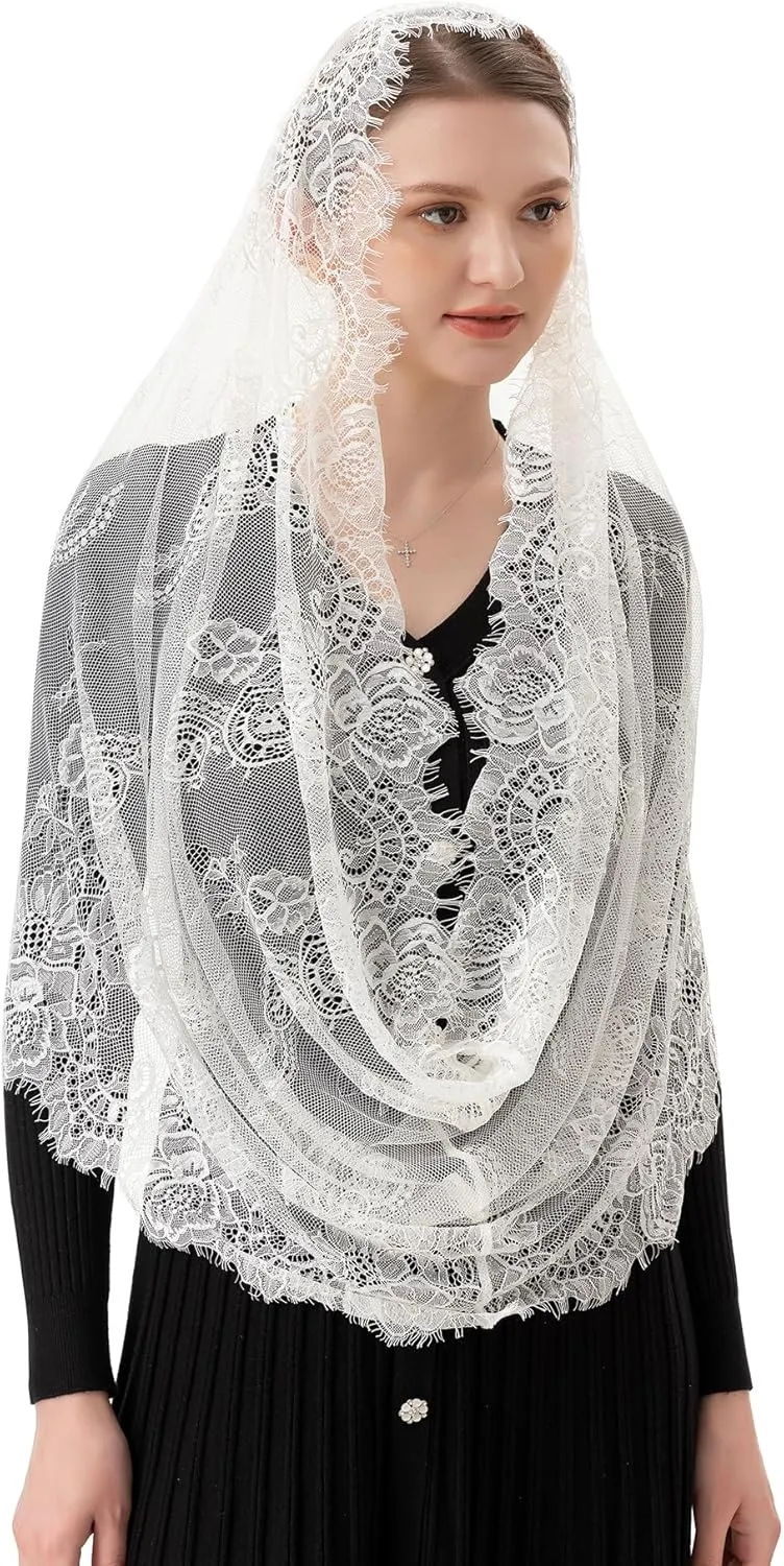 PAMOR Spanish Style Lace Traditional Vintage Inspired Infinity Shape Mantilla Veil Latin Mass Head Covering