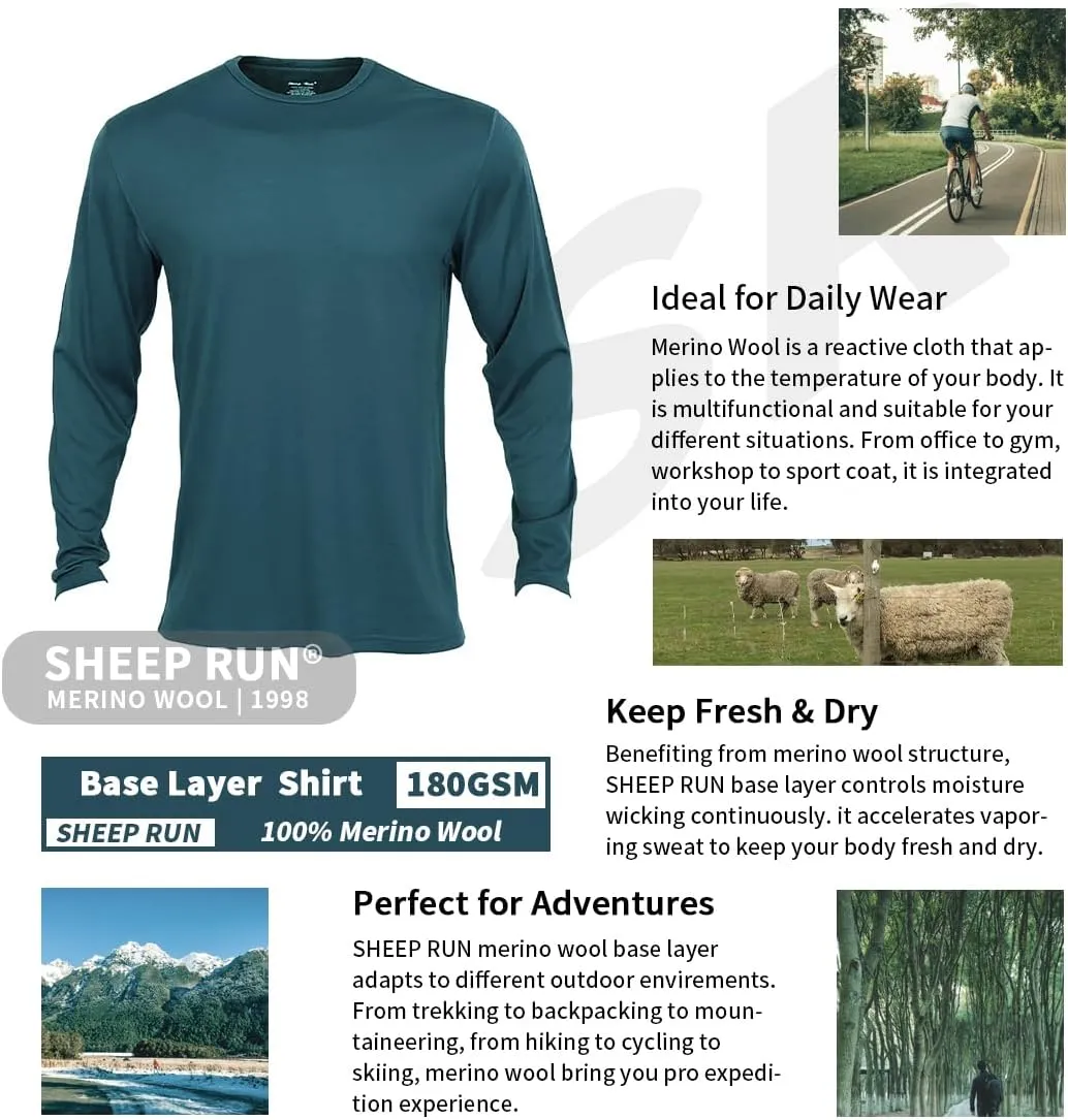 SHEEP RUN 100% Merino Wool Men's Wicking Breathable Base Layer Hiking Running Long Sleeve Shirt