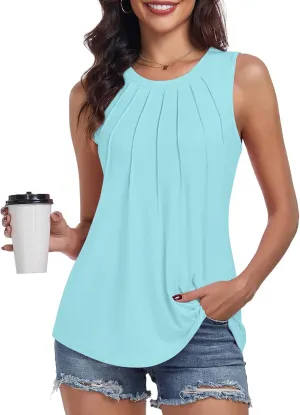 syoss Women's Summer Tank Tops Pleated Round Neck Sleeveless Tops