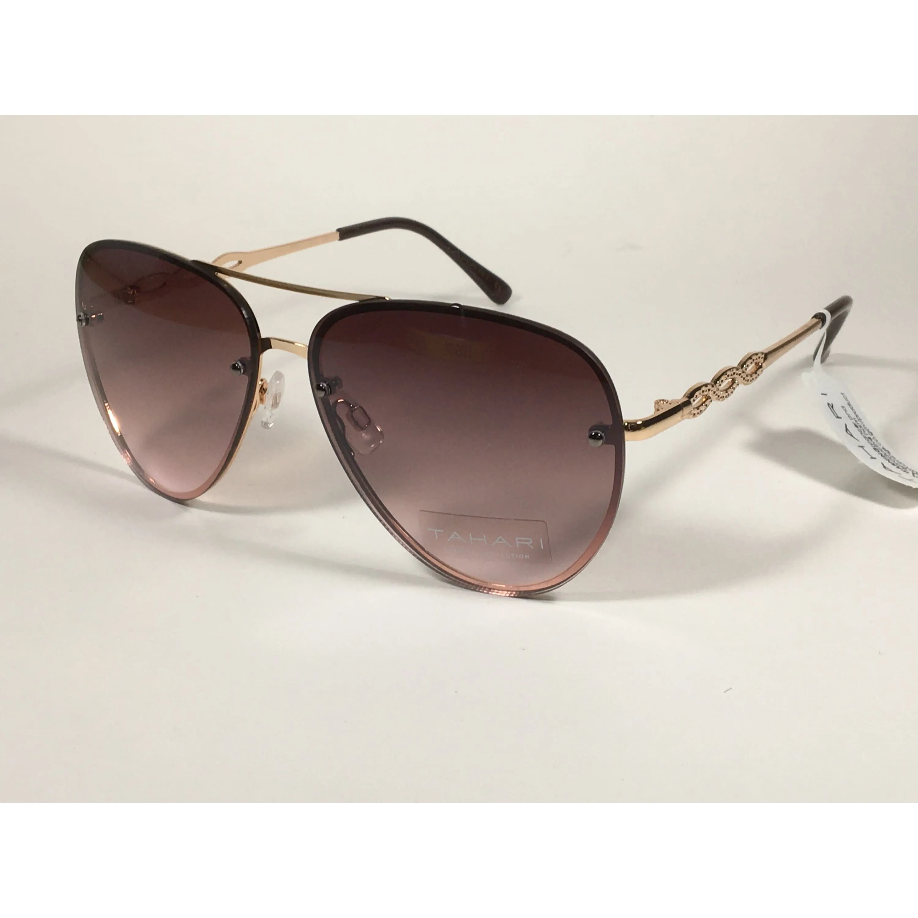 Tahari Rimless Aviator Sunglasses Gold Metal Brown Gradient Lens TH789 GLDBN