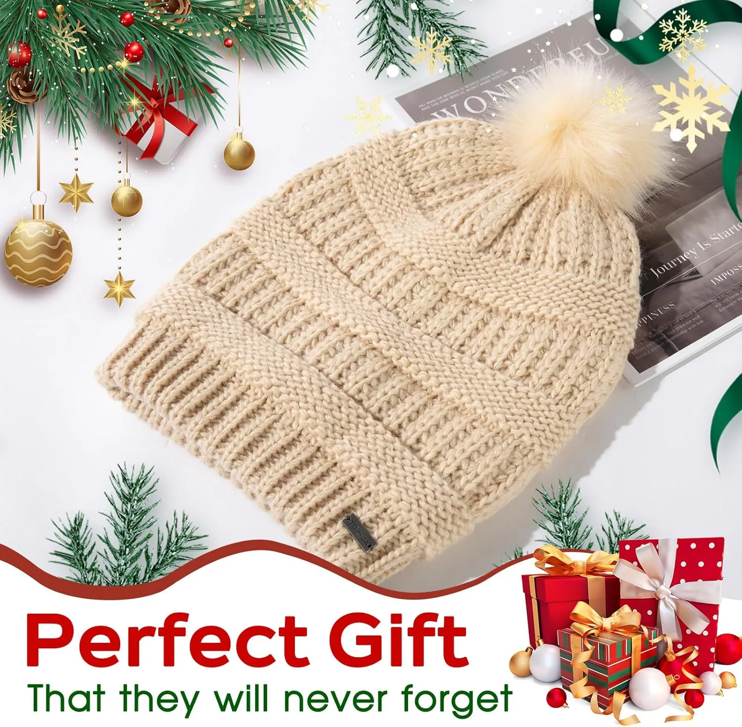 TOP-EX 100% Merino Wool Winter Slouchy Beanie for Women with Faux Fur Pom - Satin or Fleece Lined Hats for Cold Weather
