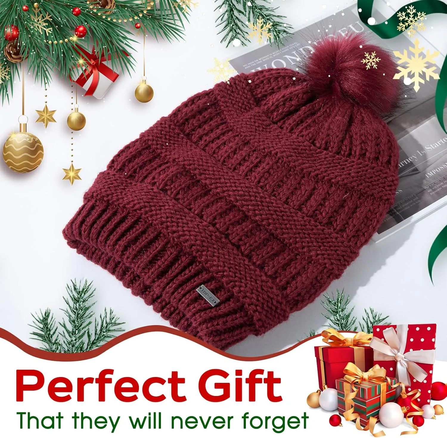 TOP-EX 100% Merino Wool Winter Slouchy Beanie for Women with Faux Fur Pom - Satin or Fleece Lined Hats for Cold Weather