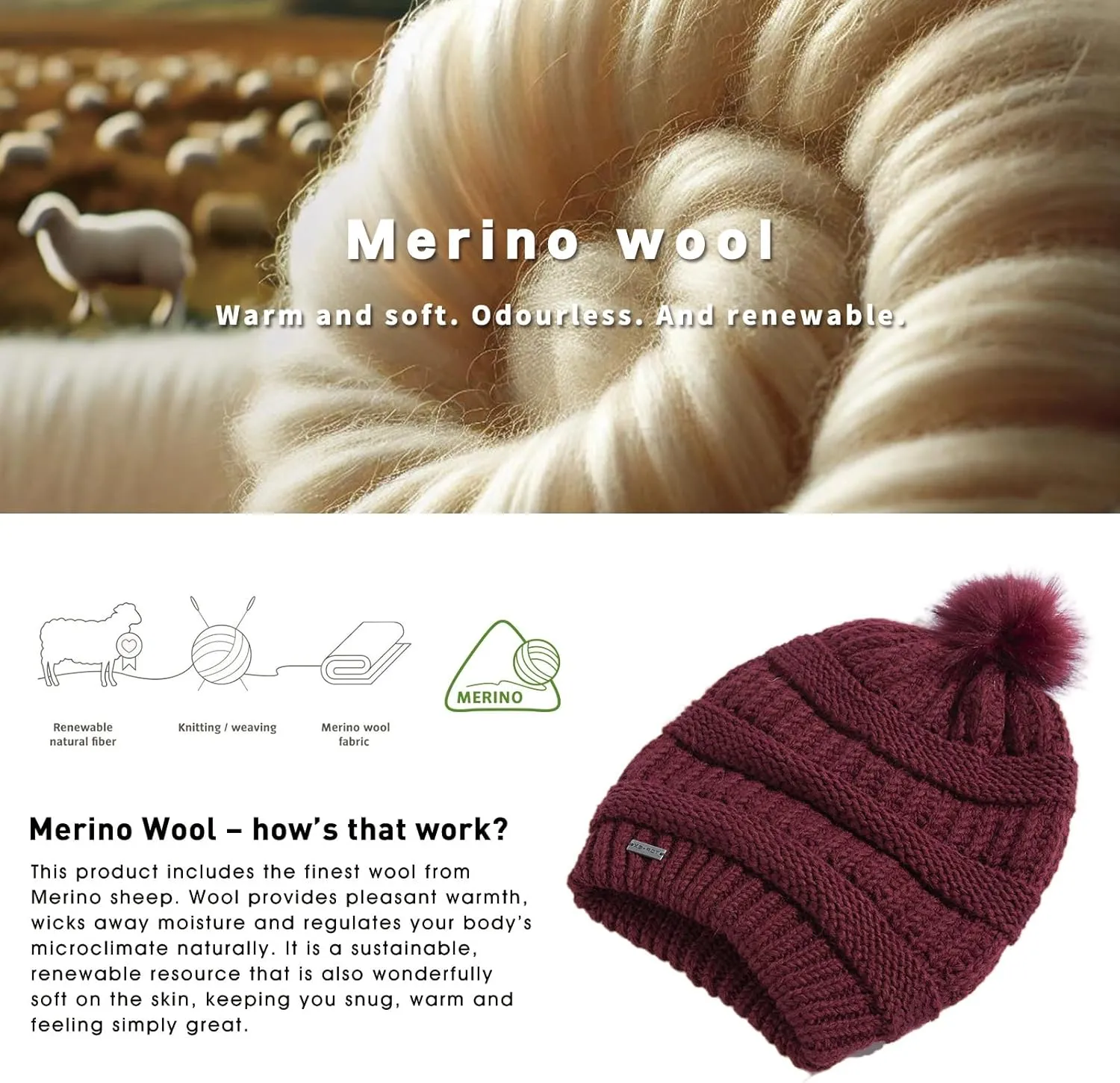 TOP-EX 100% Merino Wool Winter Slouchy Beanie for Women with Faux Fur Pom - Satin or Fleece Lined Hats for Cold Weather