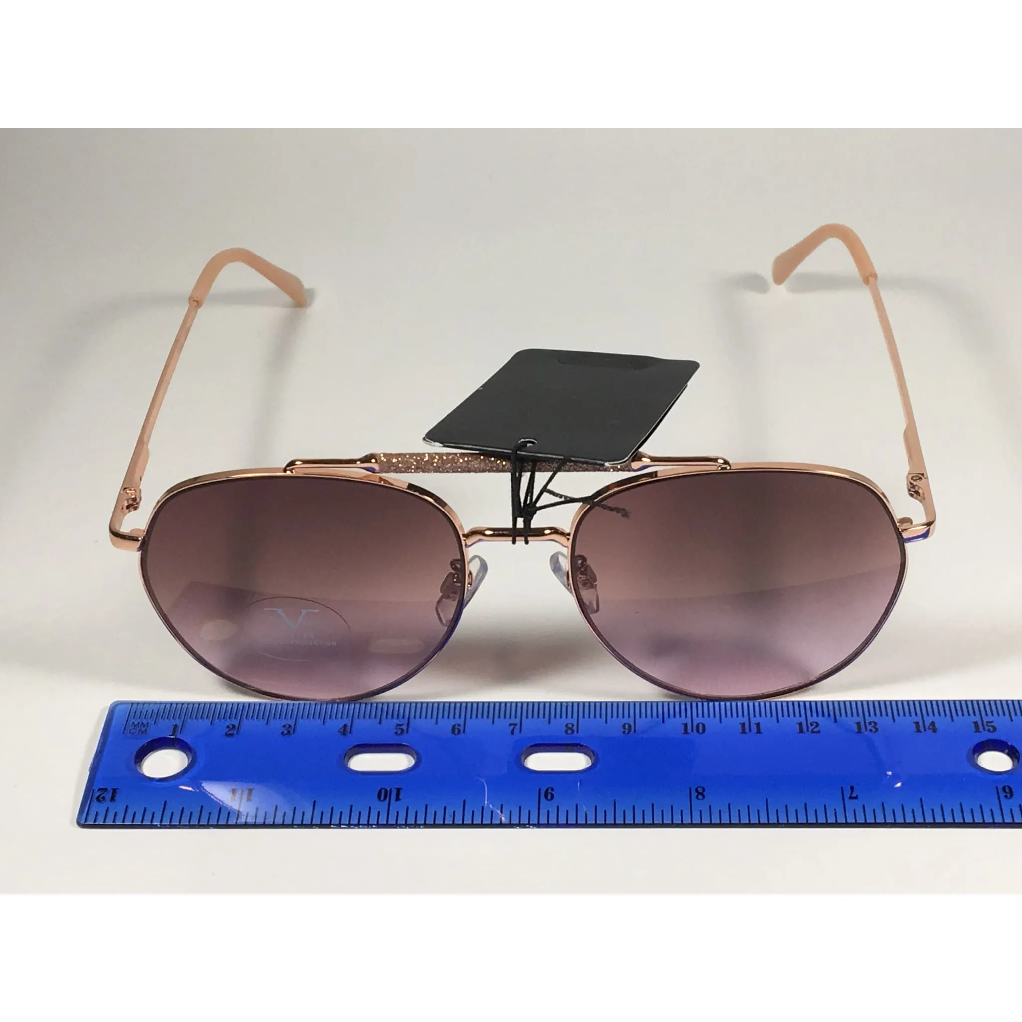 Versace 19V69 Italia Contessa Hexagonal Aviator Pilot Glitter Brow Bar Sunglasses Rose Gold Frame Brown Pink Gradient Lens