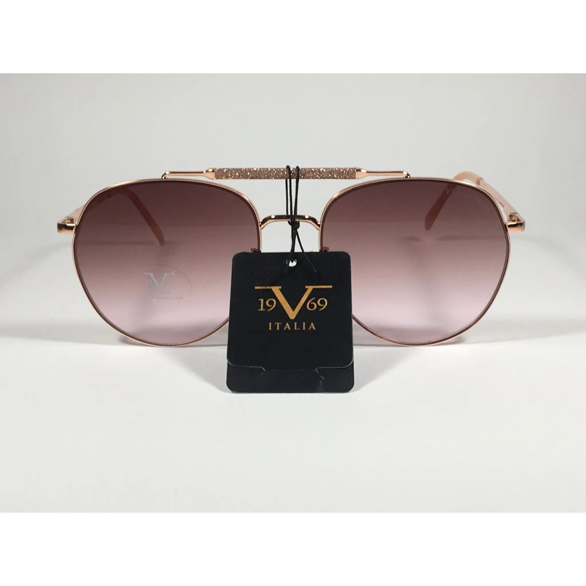 Versace 19V69 Italia Contessa Hexagonal Aviator Pilot Glitter Brow Bar Sunglasses Rose Gold Frame Brown Pink Gradient Lens