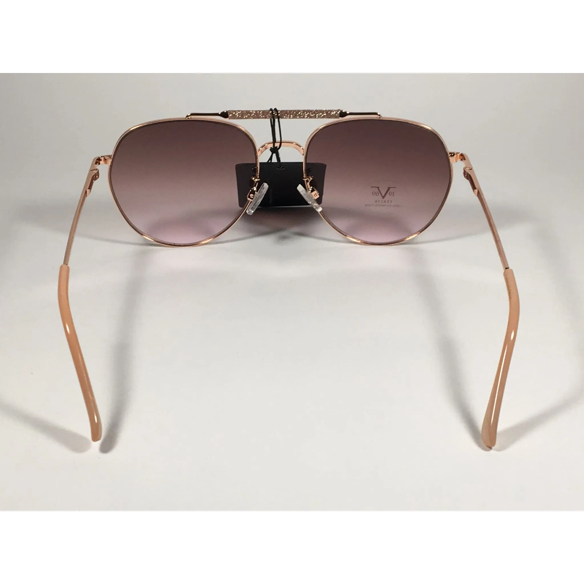 Versace 19V69 Italia Contessa Hexagonal Aviator Pilot Glitter Brow Bar Sunglasses Rose Gold Frame Brown Pink Gradient Lens