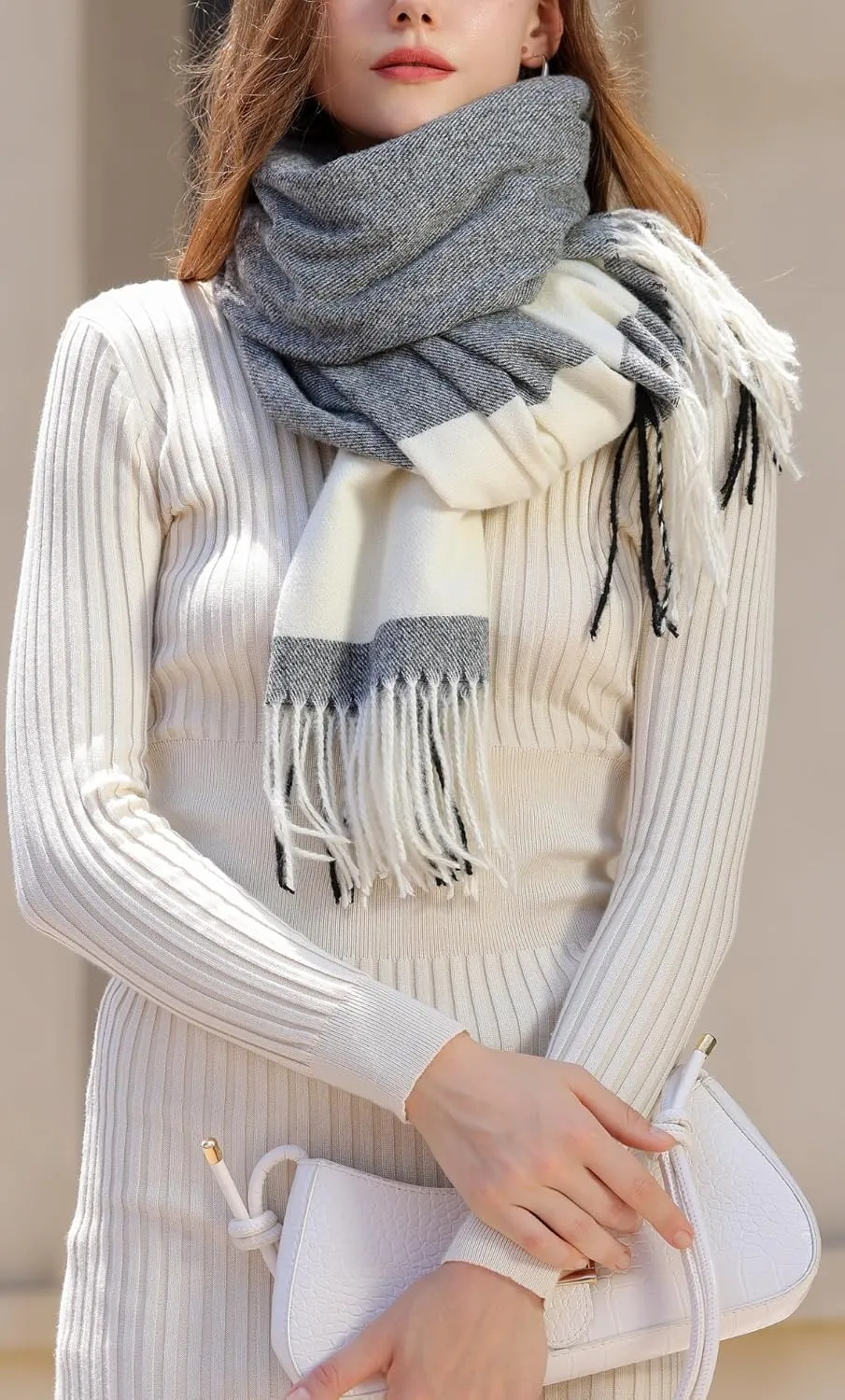 Wander Agio Women's Fashion Scarves Long Cashmere Like Shawl Winter Warm Knit Large Tassel Plaid Scarf