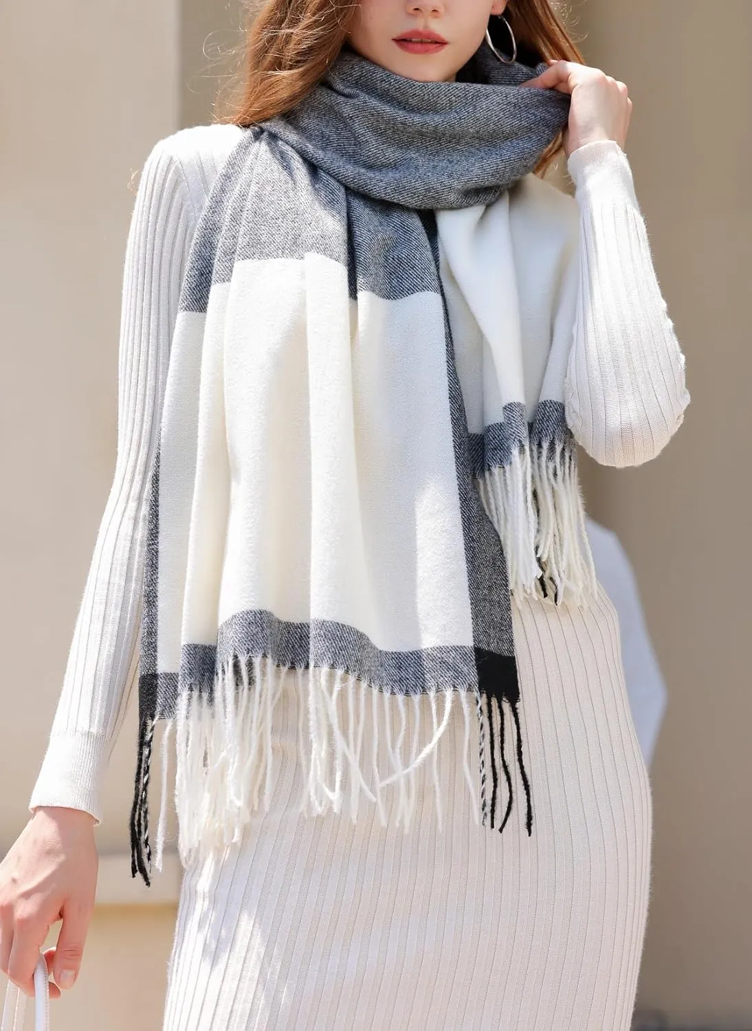 Wander Agio Women's Fashion Scarves Long Cashmere Like Shawl Winter Warm Knit Large Tassel Plaid Scarf