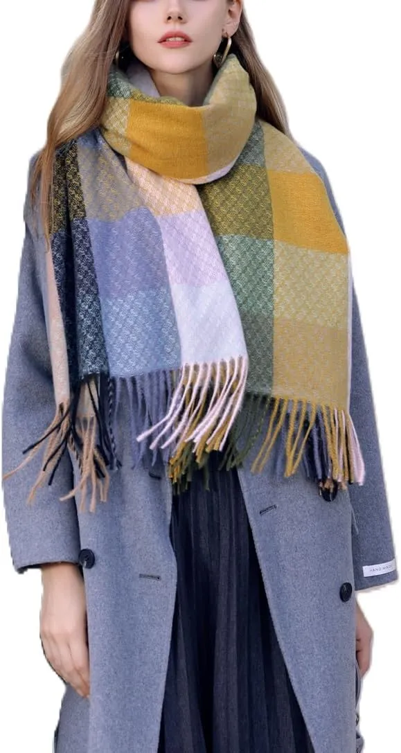 Wander Agio Women's Fashion Scarves Long Cashmere Like Shawl Winter Warm Knit Large Tassel Plaid Scarf